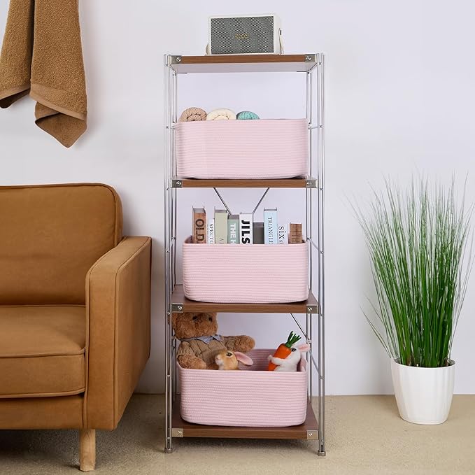 MiniArk Large Storage Baskets for Organizing, Closet Shelf Baskets for Clothes Blanket Towels, Baby Nursery, Toy Bins Box, Woven Rope Baskets, 17 x 13 x 7.5”, 4 Packs Light Pink