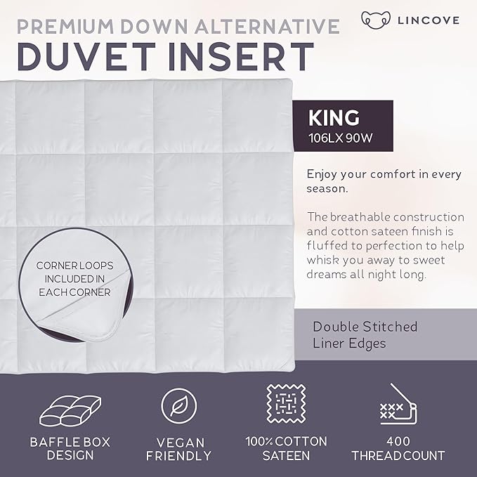 Down Alternative Comforter – Corner Loops in Each Corner, 400 Thread Count 100% Cotton Sateen Shell, Soft and Plush Feel, King Size: 90”x106”