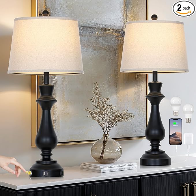 luxeflow Modern Black Table Lamps Set of 2 for Living Room,30" Tall Bedside Lamp with USB Charging Port,3-Way Dimmable Touch Nightstand Lamp for Bedroom Desk Side Table Office,Black