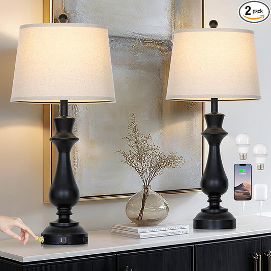 luxeflow Modern Black Table Lamps Set of 2 for Living Room,30" Tall Bedside Lamp with USB Charging Port,3-Way Dimmable Touch Nightstand Lamp for Bedroom Desk Side Table Office,Black