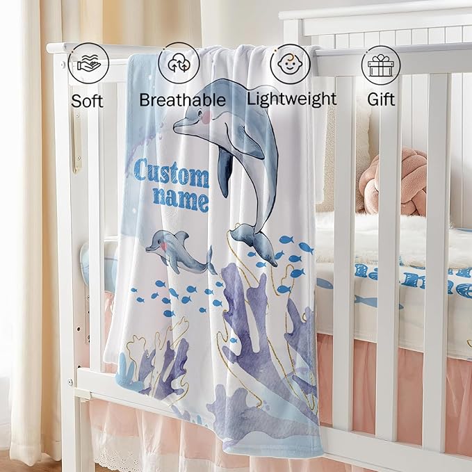 Custom Baby Crib Bedding Set, Personalized Name Blue Dolphin Theme Crib Set 3 Pcs, Soft Double Layer Blanket, Crib Sheet & Room Rug, Ideal Nursery Decor Gift for Baby Girls Boys