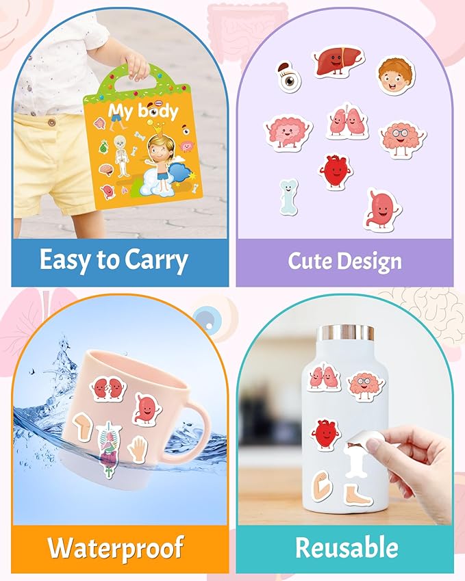 Benresive Reusable Sticker Books for Toddlers, Fun Travel Stickers for Kids, Toddler Sticker Book, Crafts Activities for Toddlers, 3 and Up Birthady Gifts - My Body
