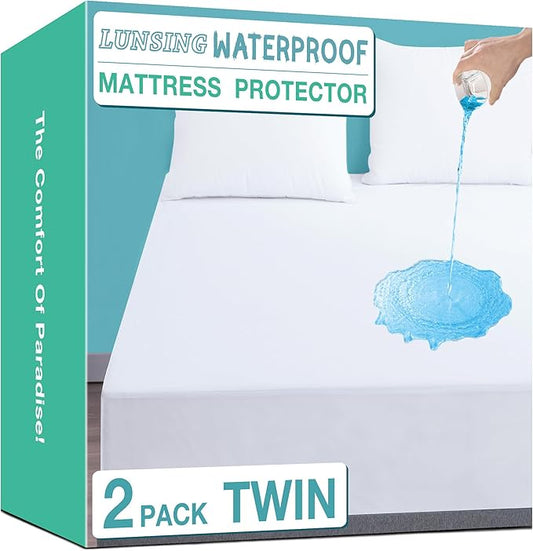 Lunsing Soft 2 Pack Twin Size Waterproof Mattress Protector with 6-16 Inches Deep Pocket, White