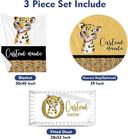 Custom Baby Crib Bedding Set, Personalized Name Tiger Design Crib Set 3 Pcs, Soft Double Layer Blanket, Crib Sheet & Room Rug, Ideal Nursery Decor Gift for Baby Girls Boys