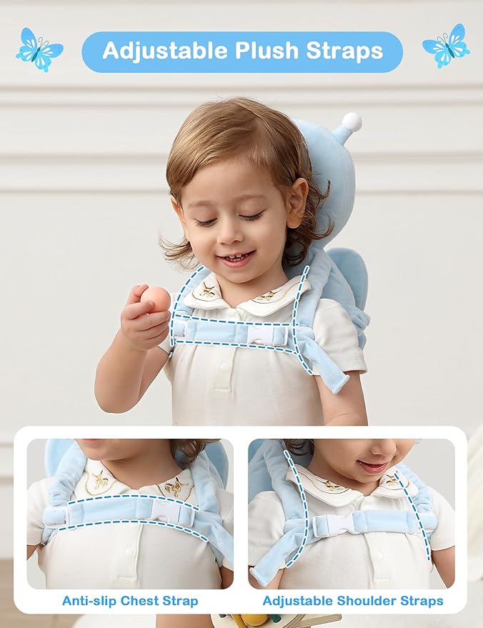 JunNeng Baby Head Protector Backpack, Toddler Fall Head Protection Cushion, Blue Butterfly