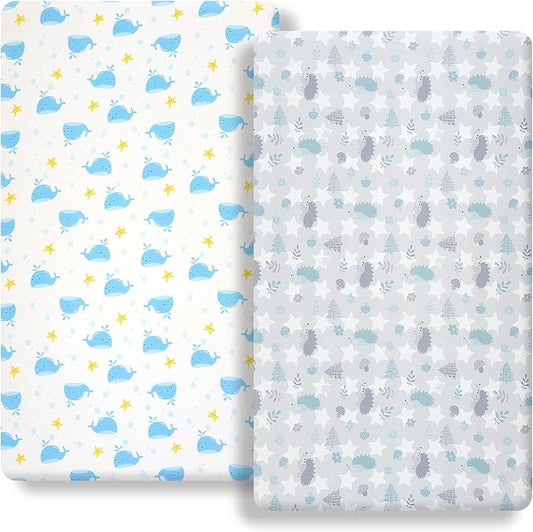Pack n Play Fitted Sheet. 2 Piece Mini Crib Sheet. Elastic Playard Sheet. Portable Sheet Set. Elastic Convertible Playard Set. Compatible with Graco Pack n Play. (Baby Whale and Hedgehog)
