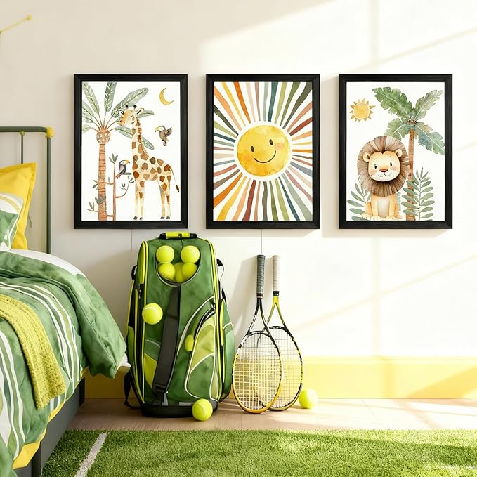 Cute Sun Lion Giraffe Quote Framed Wall Art Set of 4, 11x16 Boho Educational Animal Wall Sign for Baby Girl Kid Boy Toddlers, Wooden Inspirational Nursery Wall Decor Natural