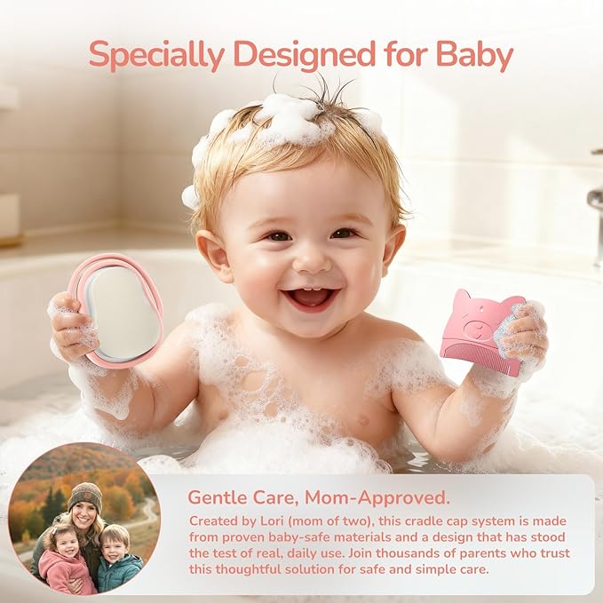 Baby Cradle Cap Brush & Comb Set, 3-in-1 Soft Scalp Brush, Curved Comb & Bath Sponge | BPA-Free Cradle Cap Treatment Kit for Newborns & Infants 0-12 Months, Flakes Removal, Pink