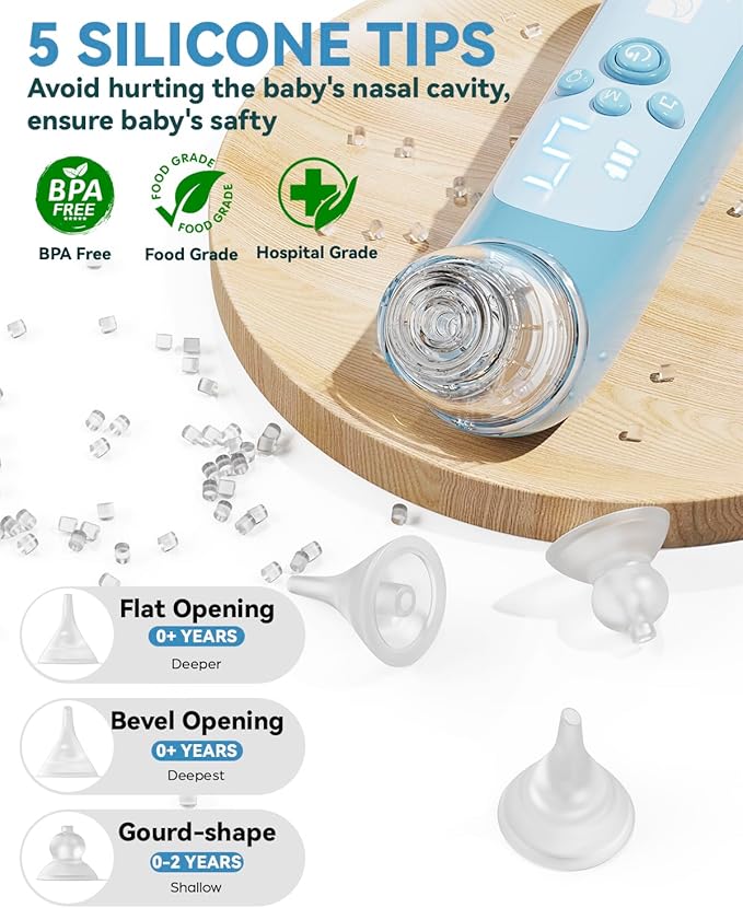 Nasal Aspirator for Baby, Electric Baby Nose Suction with 5 Adjustable Levels Suction, USB-C Rechargeable Mucus Cleaner with Lights and Music, Baby Nasal Aspirator for Toddler with 3 Silicone Tip
