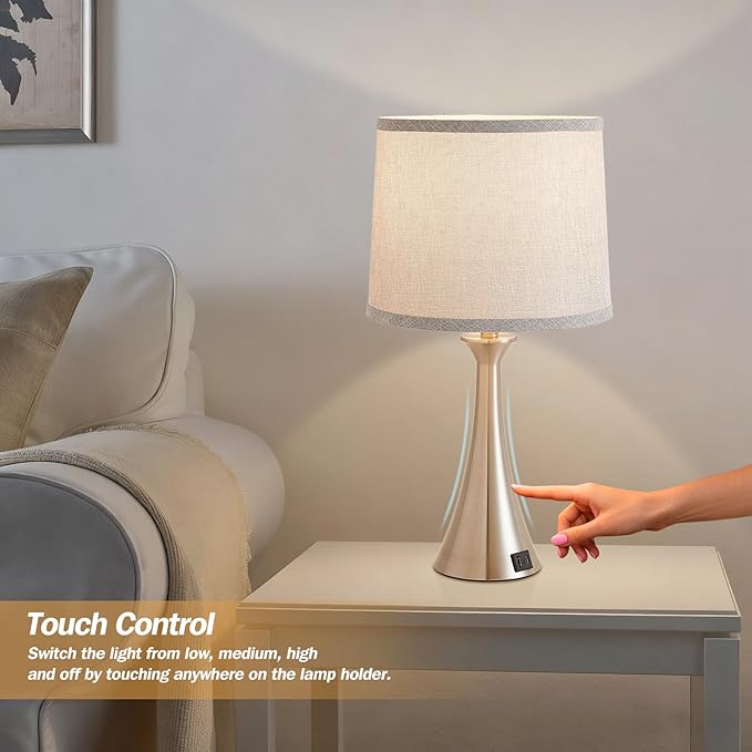 Hikczc Touch Lamp for Living Room Bedroom, 21" Table Lamps Set of 2 with USB C+A Ports and Grey Lamp Shades, Touch Bedside Lamps for Nightstand with 3 Way Dimmable, 2 LED Bulbs Included, Silver