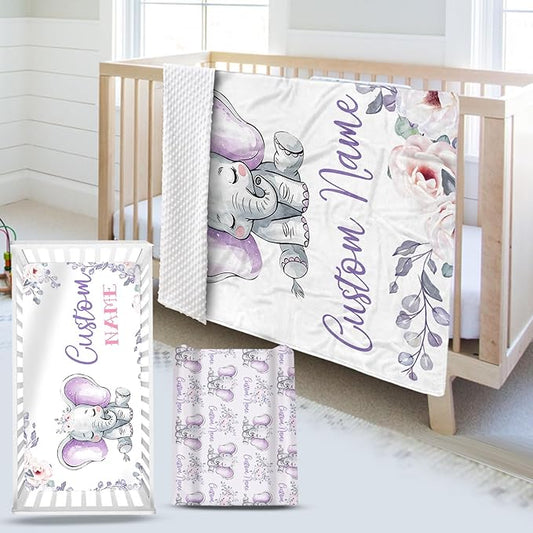 Custom Name Crib Bedding Set 3-Piece – Light Purple Elephant Design Baby Bedding Set with Personalized Soft Blanket, Fitted Sheet, Changing Pad Cover – Ideal Newborn Gift for Boys and Girls