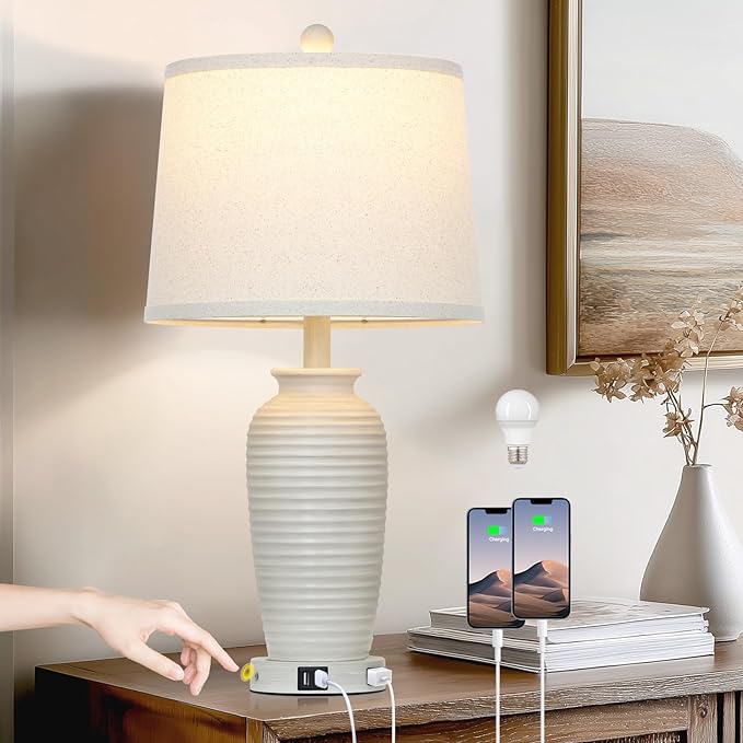 CINSARY 25" Vintage Farmhouse Jar Table Lamps, Single Rustic Bedside Lamp with USB A+C Ports & AC Outlet, Nightstand Lamps for Living Room, Bedroom, End Table, Cream(LED Bulb Included)