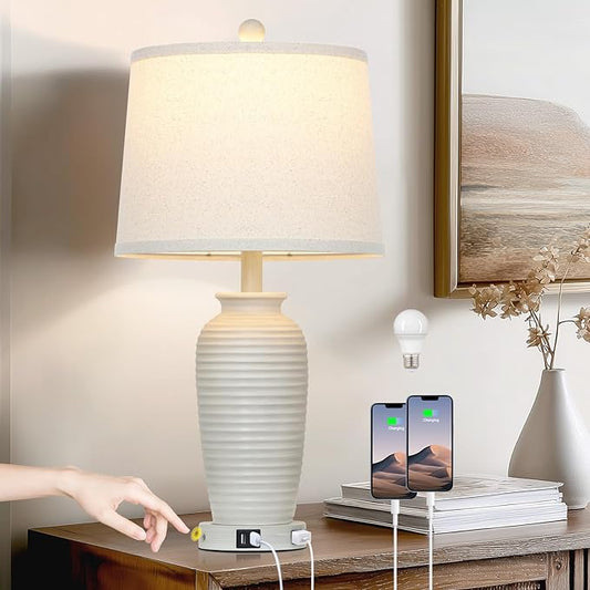 CINSARY 25" Vintage Farmhouse Jar Table Lamps, Single Rustic Bedside Lamp with USB A+C Ports & AC Outlet, Nightstand Lamps for Living Room, Bedroom, End Table, Cream(LED Bulb Included)
