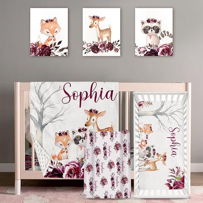Personalized Baby Crib Bedding Set: 4 Piece Custom Gift Crib Bed Set with Name - Rose Animal Design, Nursery Bedding Set for Baby Girls,Newborn Girls Crib Sets, Crib Bedding Shower Gifts