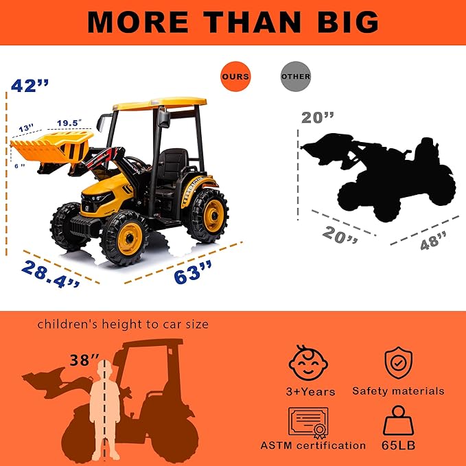 Kidsera 24V Ride on Tractor with Front Loader, Ride On Excavator with 24volt Dual Motors 4-Gearbox Metal Frame Kids Electric Vehicles 24V Power Wheels 24v Ride on Toys for Big Kids (Yellow)
