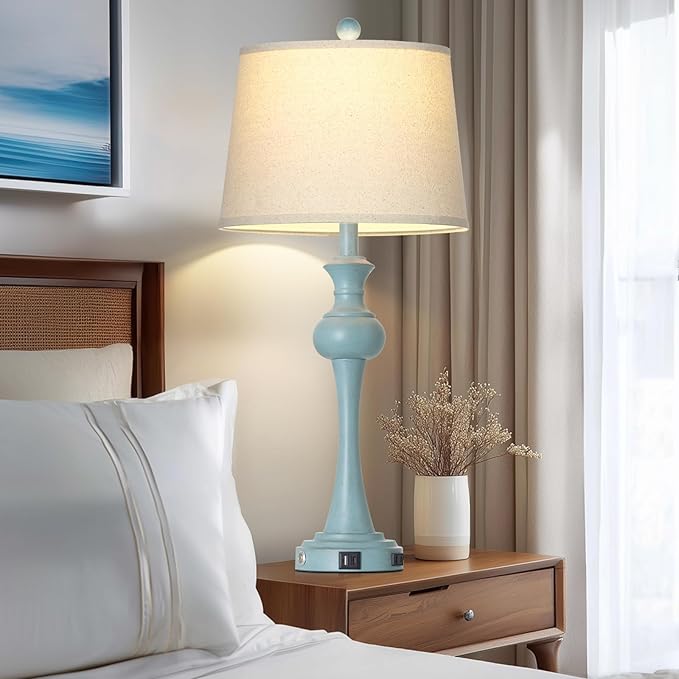 Cinyirong 29" Coastal Table Lamp Set of 2, 3-Way Dimmable Touch-Control Bedside Lamps with USB-A+C Ports, Vintage Farmhouse Nightstand Lamps for Bedroom, Retro Blue (Includes 2 LED Bulbs)