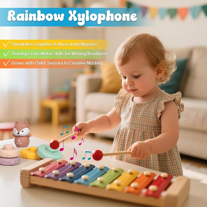 Baby Toys 18-36 Months, Montessori 7-in-1 Activity Set - Stacking Blocks, Infant Teething Toy & Sensory Bin, Baby Boys & Girls Gifts