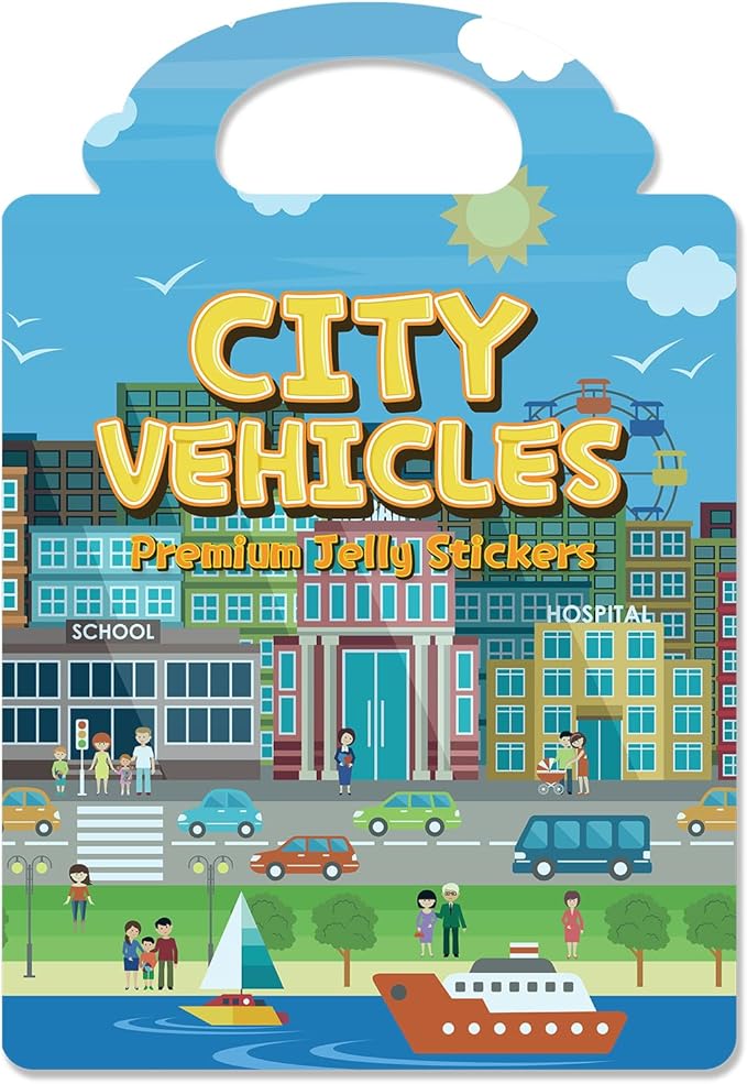 Reusable Sticker Book for Toddlers 3-6, Jelly Stickers for Kids, Sticker Activity Book Travel Toys for Road Trip, Car & Airplane, Educational Learning Gifts for Boys and Girls (Vehicles Cars Theme)