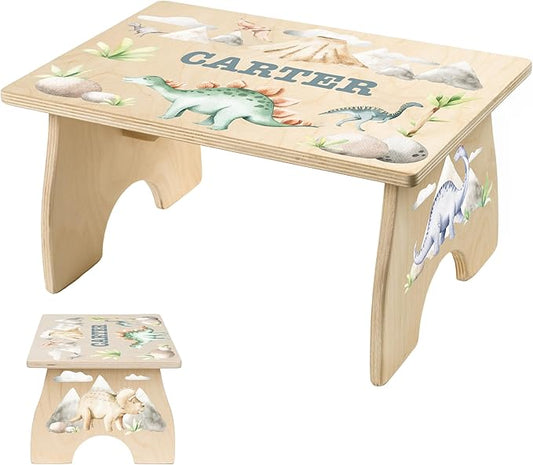 Dinosaur Step Stool for Toddlers- Personalized Wood Kids Step Stool with Name for Kitchen Sink, Bathroom, Potty Training, Kitchen Sink- Sturdy and Safe- Made in USA by BloomOwl (Dinosaur- Watercolor)