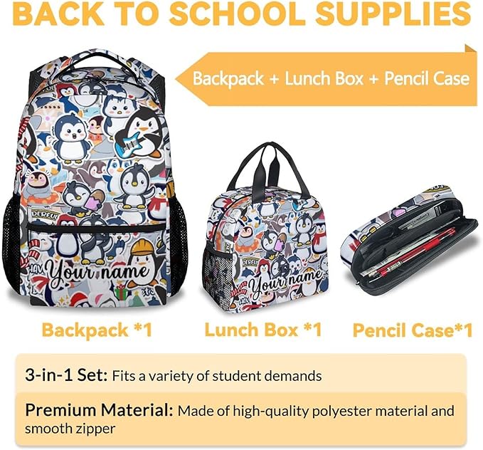 COOPASIA Personalized Penguin Backpack with Lunch Box and Pencil Case, 16 Inch Penguin Theme Bookbag with Adjustable Straps, Durable, Lightweight, Large Capacity, School Backpack for Girls Women
