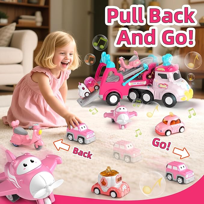 Truck Toys for 2 3 Year Old Girl, 7-in-1 Carrier Truck Car for Toddler Girl, Toys Cars Age 2-3-4 with Light & Music, Birthday Gifts for 2+ 3+ Year Old Girls