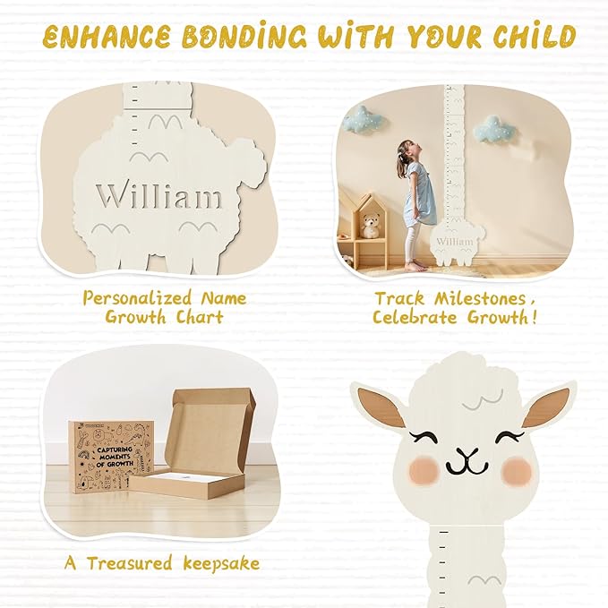 Woodemon Personalized Name Height Chart for Kids, Alpaca Wood Growth Chart, Height Measuring for Children, Boy Girls Height Wall Chart Growth Measuring Ruler for Nursery Decor, Lightweight