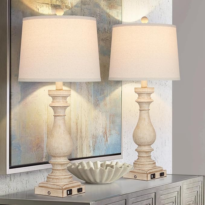 Cinkeda 29" Tall Table Lamp for Living Room Set of 2,Farmhouse Nightstand Bedside Lamps with USB C+A Ports & AC Outlet,3-Way Dimmable Touch Control Desk Lamp for Bedroom,Color 1