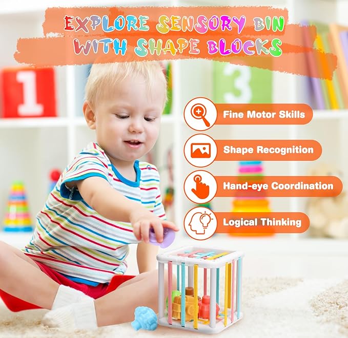 Baby Toys 6 to12 Months, 7 in-1 Montessori Toy for 6-9-12-18 Month Old with Pull String Toy, Sensory Bin Toys, Stacking Baby Blocks & Soft Infant Ring & Sensory Ball, Stacking Cups for Toddler 1-3Gift