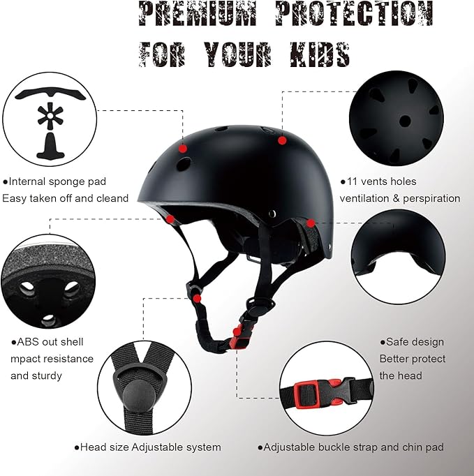 Kids Bike Helmet, CPSC & ASTM Certified, Adjustable EPS Protective Gear, 5 Colors, Multi-Sport for Boys & Girls, 11 Vents, Free Sports Drawstring Bag