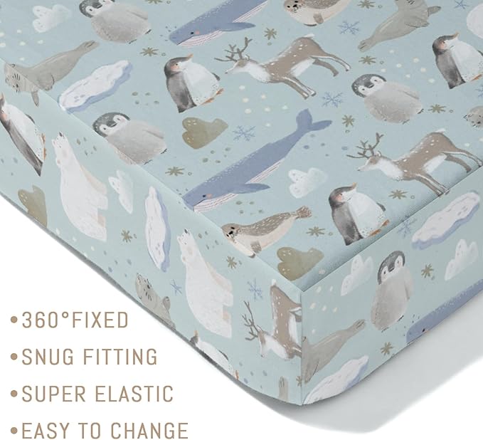 Cute Frosty Arctic Animals Baby Crib Sheets for Boy Girl Bear Penguins Deer Whale Snowflakes Soft Snug Fitted Crib Mattress Covers for 52x28 Standard Crib & Toddler Mattress Snowy Winter Baby Sheets
