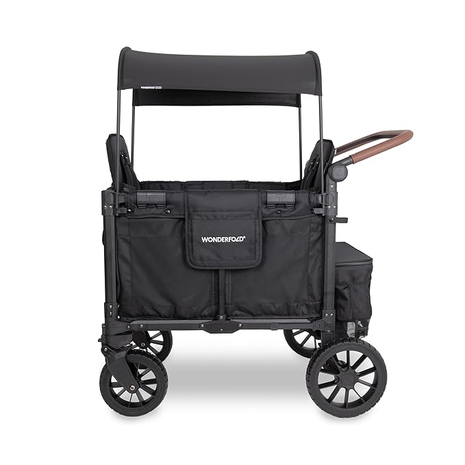 WONDERFOLD W2 Luxe Pro Stroller Wagon (2 Seater) - Collapsible Wagon Stroller with Seats Featuring 5-Point Safety Harnesses and Adjustable Sun Canopy, Jet Black