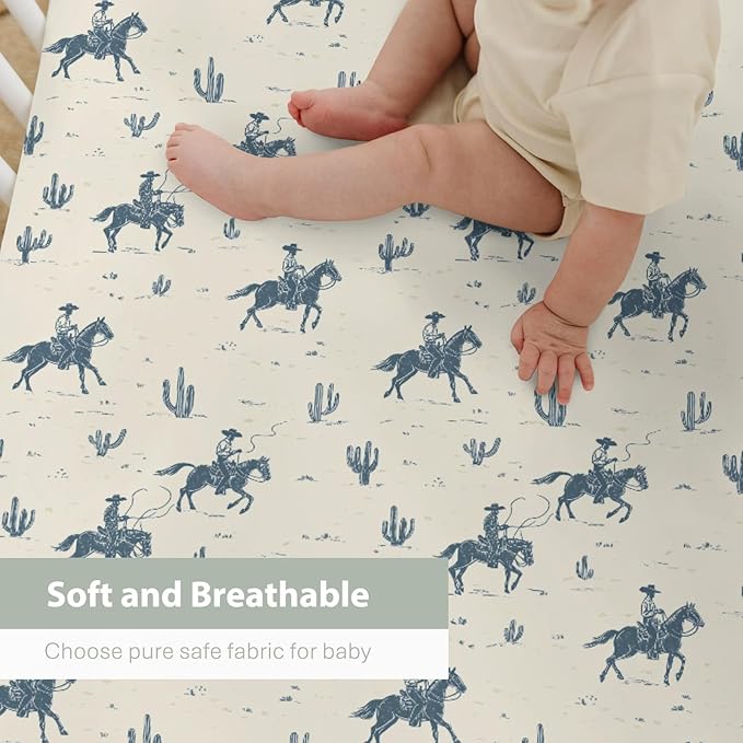 Vintage Cowboys Baby Crib Sheets for Boy Girl 52"x28" Retro Western Cowboy Horse Cactus Soft Stretchy Fitted Crib Mattress Cover Wild Desert Baby Sheet for Standard Crib and Toddler Bed Mattress