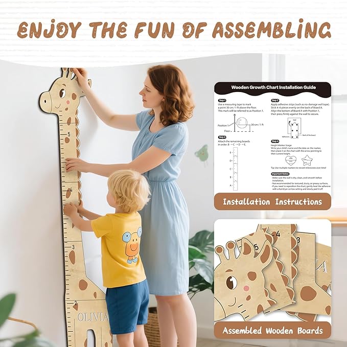 Woodemon Personalized Name Children's Height Measurement Chart for Wall – Giraffe Kids Growth Chart Ruler, Nursery & Playroom Wall Decor 62.8" x 20.1"