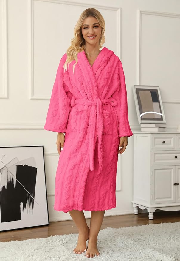 Umeyda Girls & Womens Twist Fleece Robes, Hooded Soft Warm Bath Robe for Kids Womens Fuzzy Bathrobe for Gifts