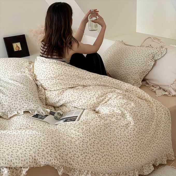 BuLuTu Vintage Floral Design Kids Duvet Cover Twin Cottage Camellia Print Comforter Cover with Ruffles Soft Muslin Cotton Quilt Cover for Girls Boys, Zipper & Corner Ties, No Pillowcase