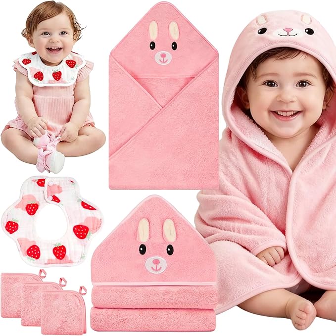 5 Pcs Baby Towels Set, 32x32 in Hooded Bath Towel, 3 Pcs Baby Washcloths and Muslin Baby Bibs for Newborns, Toddlers, and Kids, Baby Towels and Washcloths Set for Boys and Girls (Pink Rabbit)