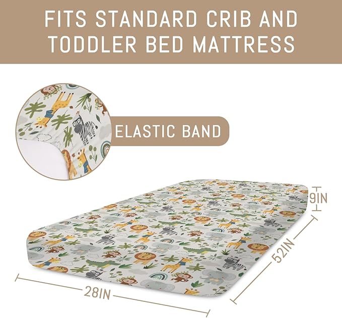Jungle Safari Animals Baby Crib Sheets for Boy Girl Elephant Lion Zebra Giraffe Leaves Soft Snug Fitted Crib Mattress Covers for 52''x28'' Standard Crib & Toddler Mattress Pad Wild African Bed Sheets