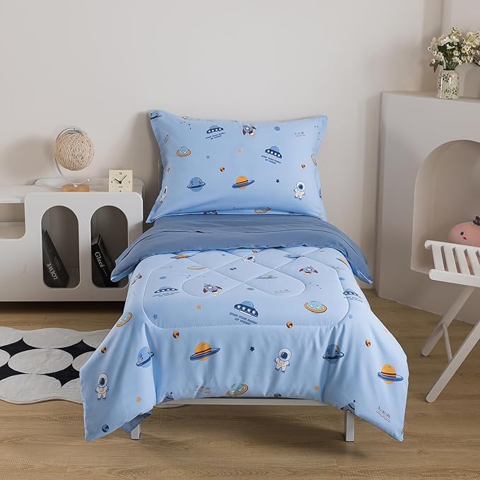 Caressma 5 Pieces Twin Size Comforter Set Bed-in-a-Bag,Soft Comforter Print Spaceship for Kids,Includes Blue Comforter, Fitted Sheet, Flat Sheet,Pillow Case & Pillow Shame for All Seasons