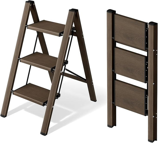 Mayi Plus 3 Step Ladder,Aluminum Folding Step Stool for Adults,Step Ladder with Wide Anti-Slip Pedal,330 lbs Capacity for Home,Office,Kitchen,Library(Walnut)