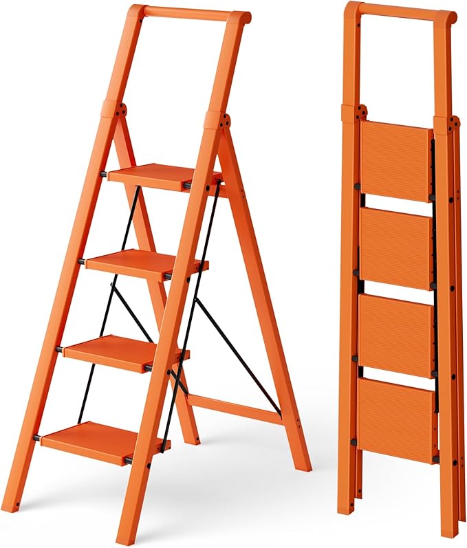 HillhutApex 4 Step Foldable Aluminum Step Ladder with Handgrip, Anti-Slip Pedal, 330 lbs Capacity, Lightweight & Portable for Home, Kitchen, Office, Garage (Orange)