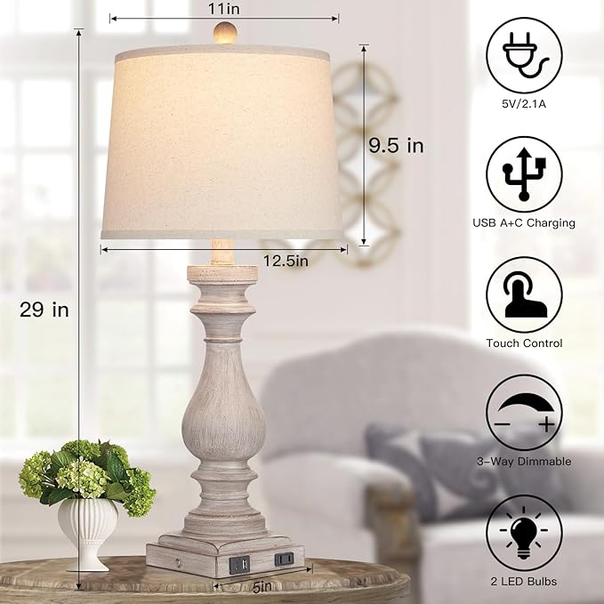 Cinkeda 29" Tall Table Lamp for Living Room Set of 2,Vintage Bedside Nightstand Lamps with USB C+A Ports & AC Outlet,3-Way Dimmable Touch Control Desk Lamp for Bedroom,Color 2