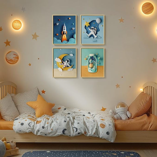 Framed Space Nursery Canvas Wall Art Prints for Baby Boy Room, Set of 4 Outer Space Themed Bedroom Decor, Astronaut Rocket Decorations for Toddler Kids Playroom Bathroom Gifts, 8x10 Inch