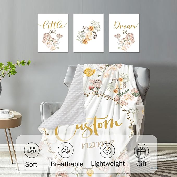 Custom Baby Crib Bedding Set,Personalized Name Pink Flowers Theme Nursery Bed Set 4 Piece,Baby Blanket Fitted Sheet Nursery Rug Wall Art Set,Custom Room Decor Idea Gift for Newborns Boys Girls