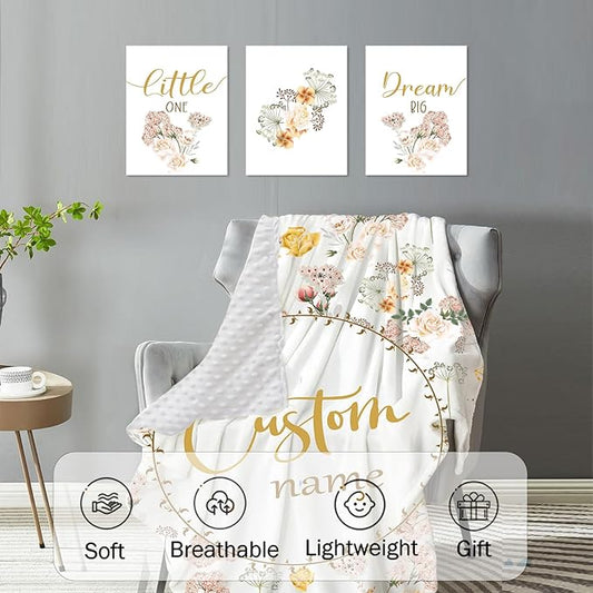 Custom Baby Crib Bedding Set,Personalized Name Pink Flowers Theme Nursery Bed Set 4 Piece,Baby Blanket Fitted Sheet Nursery Rug Wall Art Set,Custom Room Decor Idea Gift for Newborns Boys Girls