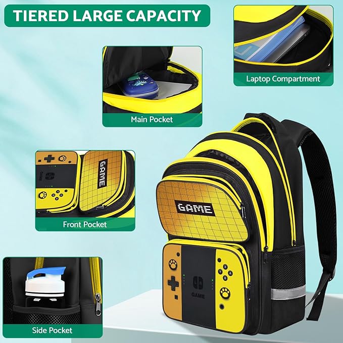 JIRAIKEI Kids Backpack For Boys，Gamer Boys Backpack For Children Teens Elementary Middle School, 17″ Students Bookbag