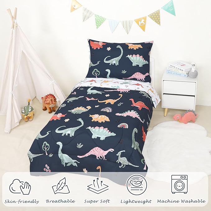 Toddler Bedding Set for Boys, 4 Piece Toddler Boy Bedding, Super Soft Crib Comforter Set Includes Comforter, Flat Sheet, Fitted Sheet, Pillowcase (Blue Dinosaur)