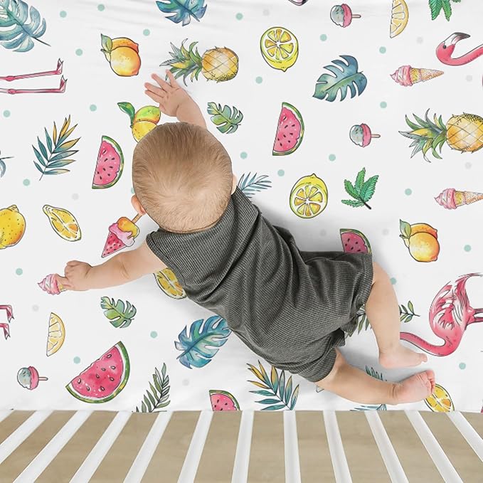 Pink Flamingo Tropical Flowers Leaves Baby Crib Sheets for Boy Girl 28"x52" Summer Birds Fruits Soft Snug Fitted Crib Mattress Cover Beach Vacation Baby Sheet for Standard Crib & Toddler Bed Mattress