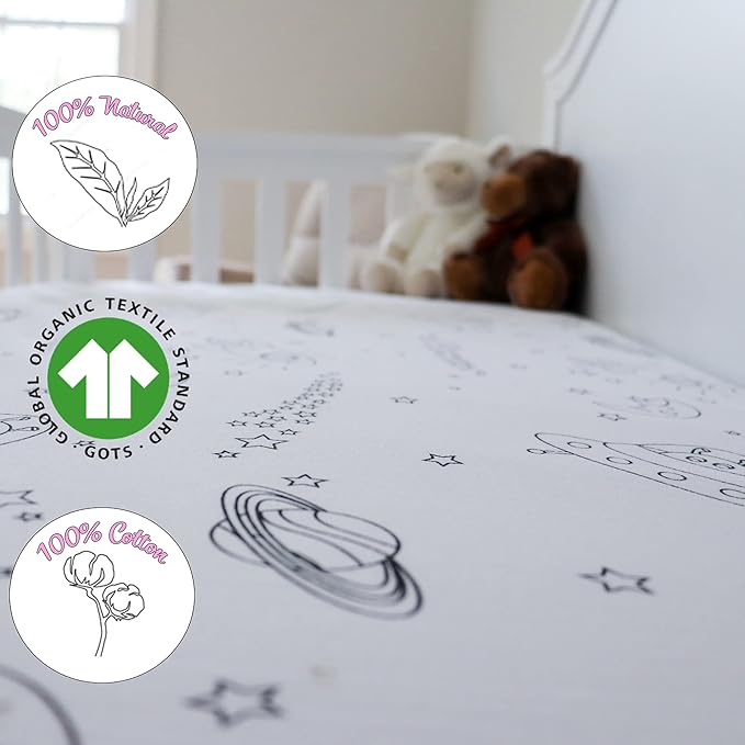 Milky Chic GOTS Fitted Baby Crib Sheet, Breathable 100% Organic Cotton Mattress Sheet for Boys and Girls, Fits Standard Size Mattresses (Space Black & White, Pack of 1)