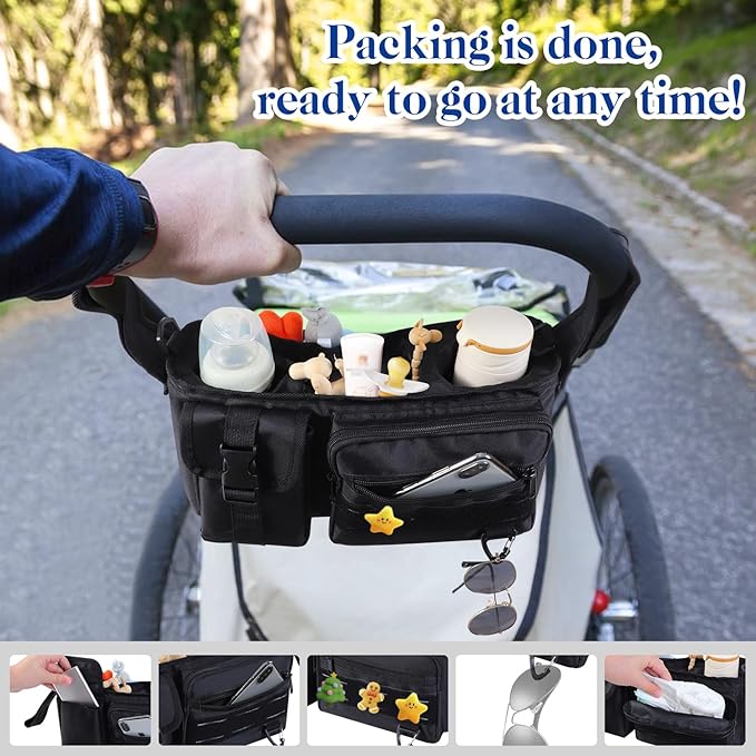 Stroller Organizer with Insulated Cup Holder,Universal Toddler Stroller Organizer Bag Caddy,Zippered Pockets for Phone,Adjustable Straps,Stroller Accessories,for Men,Women,(Balck)