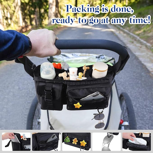 Stroller Organizer with Insulated Cup Holder,Universal Toddler Stroller Organizer Bag Caddy,Zippered Pockets for Phone,Adjustable Straps,Stroller Accessories,for Men,Women,(Balck)